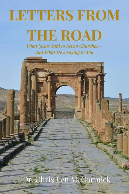 Letters from the Road book cover: a Roman colonnaded road leading toward a standing stone arch under an open sky.
